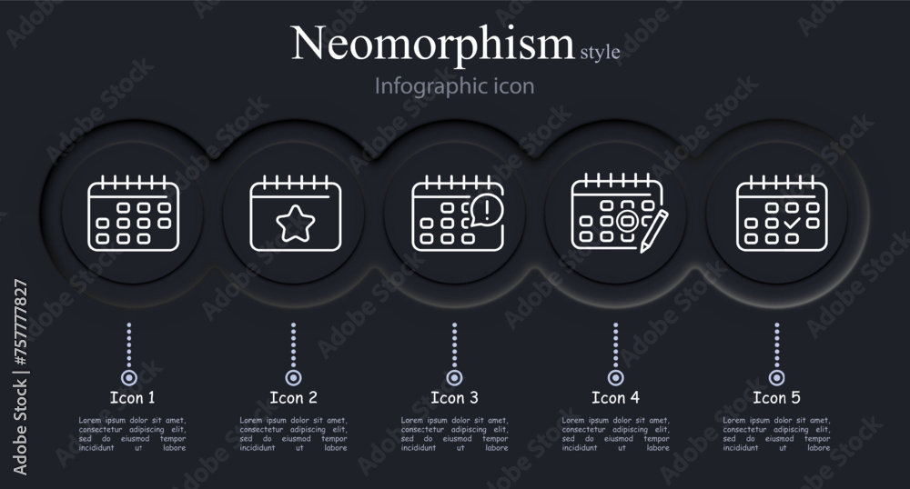 Calendar icon set. Star, important day, outline, pencil, checkmark. Neumorphism style. Vector line icon for business and advertising - obrazy, fototapety, plakaty 