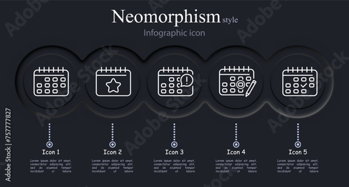 Calendar icon set. Star, important day, outline, pencil, checkmark. Neumorphism style. Vector line icon for business and advertising