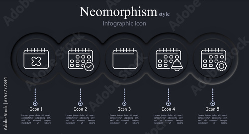 Calendar icon set. Cross, checkmark, bell, gear, options, change. Neomorphism style. Vector line icon for business and advertising photo