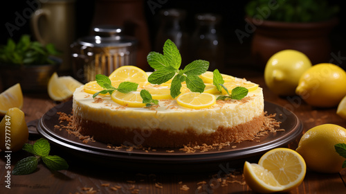 Cheesecake with sour cream, lemon, oranges and fresh mint decorations, concept of cooking in the kitchen