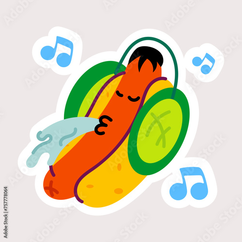 A hot dog enjoying music, flat style sticker 
