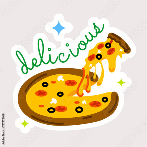 Easy to edit flat sticker of delicious pizza 