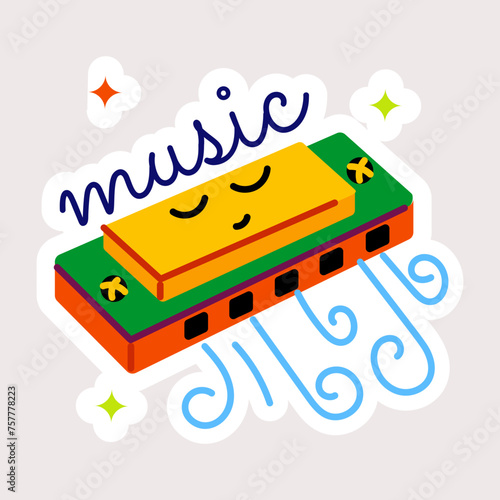 Modern flat sticker depicting harmonica music 