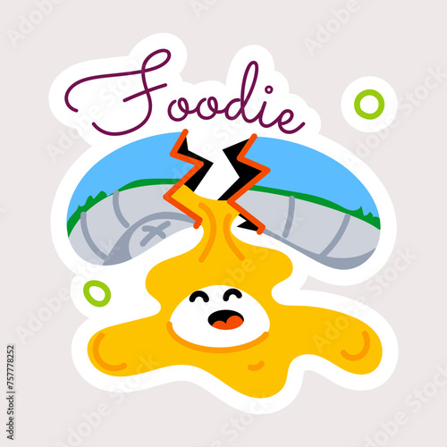 Broken egg with foodie word, flat style sticker 