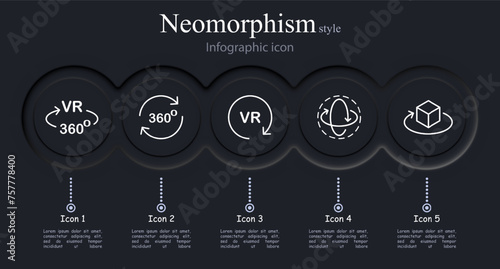 Virtual reality icon set. Horizons, games, VR 360 helmet, scrolling, inspection. Neomorphism style. Vector line icon for business and advertising