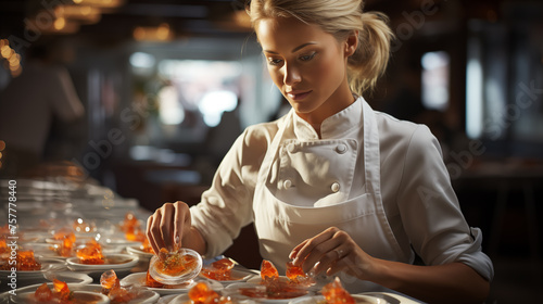 Beautiful woman chef in the uniform and pinafore cooking on the kitchen at a restaurant. Concept of molecular cuisine photo