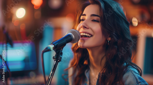 A beautiful woman with a stunning voice sings a song in front of a microphone in a music recording studio. Ai generated Images © mohammad