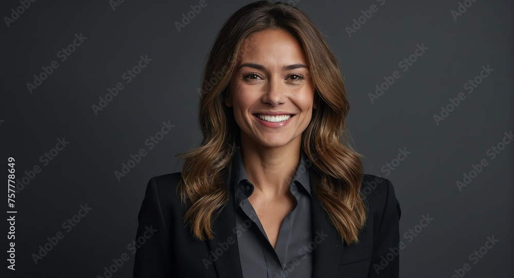 Portrait of beautiful professional businesswoman on black shirt optimistic happy confident smiling on plain gray background looking at camera from Generative AI - obrazy, fototapety, plakaty 