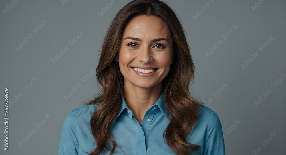 Portrait of beautiful professional businesswoman on blue shirt optimistic happy confident smiling on plain gray background looking at camera from Generative AI - obrazy, fototapety, plakaty 
