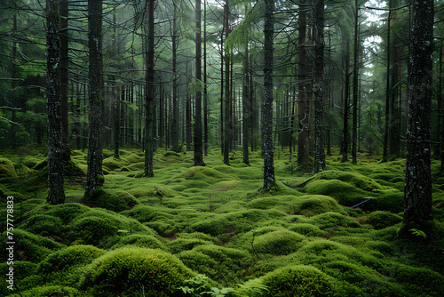 A serene Scandinavian forest with lush green moss covering the ground.