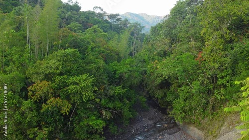 slow aerial descent into the subtropical backcountry of  Risaralda, Colombia revealing a rock-lined mountain river Rio Negro photo