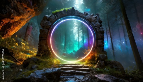 Spectral Gateway  Glowing Circle Amidst Dark Woodland Cosmos 
