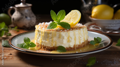 Cheesecake with sour cream,lemon, oranges and fresh mint decorations, concept of cooking in the kitchen