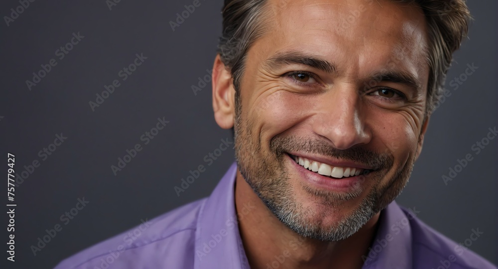 Portrait of handsome professional businessman on purple shirt happy confident smiling on plain gray background looking at camera from Generative AI - obrazy, fototapety, plakaty 