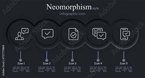 Confirmation icon set. Check mark, confirmed user, message, smartphone, correspondence, chatting. Neomorphism style. Vector line icon for business and advertising