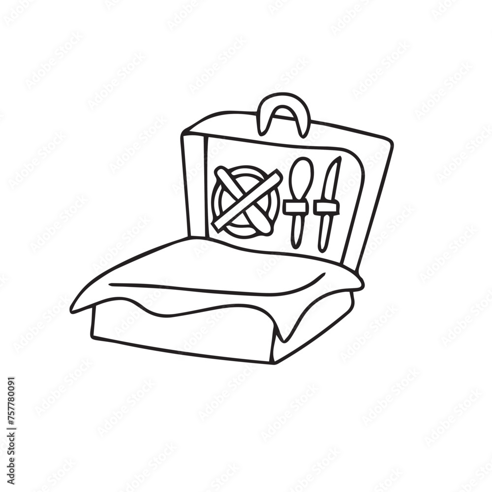 Hand drawn picnic basket with food tableware in doodle style, isolated outline vector illustration. Vector illustration
