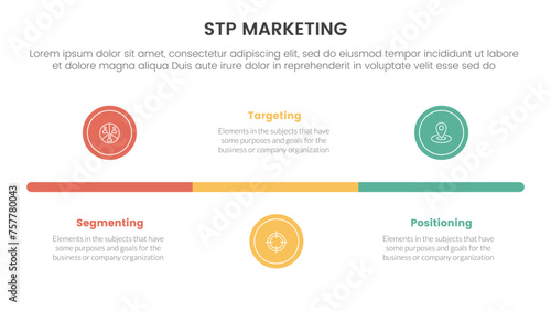 stp marketing strategy model for segmentation customer infographic with small circle timeline horizontal 3 points for slide presentation