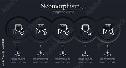 Message icon set. Envelope, text, letter, sending, dollar, tick, asterisk, magnifying glass, stamp. Neomorphism style. Vector line icon for business and advertising photo