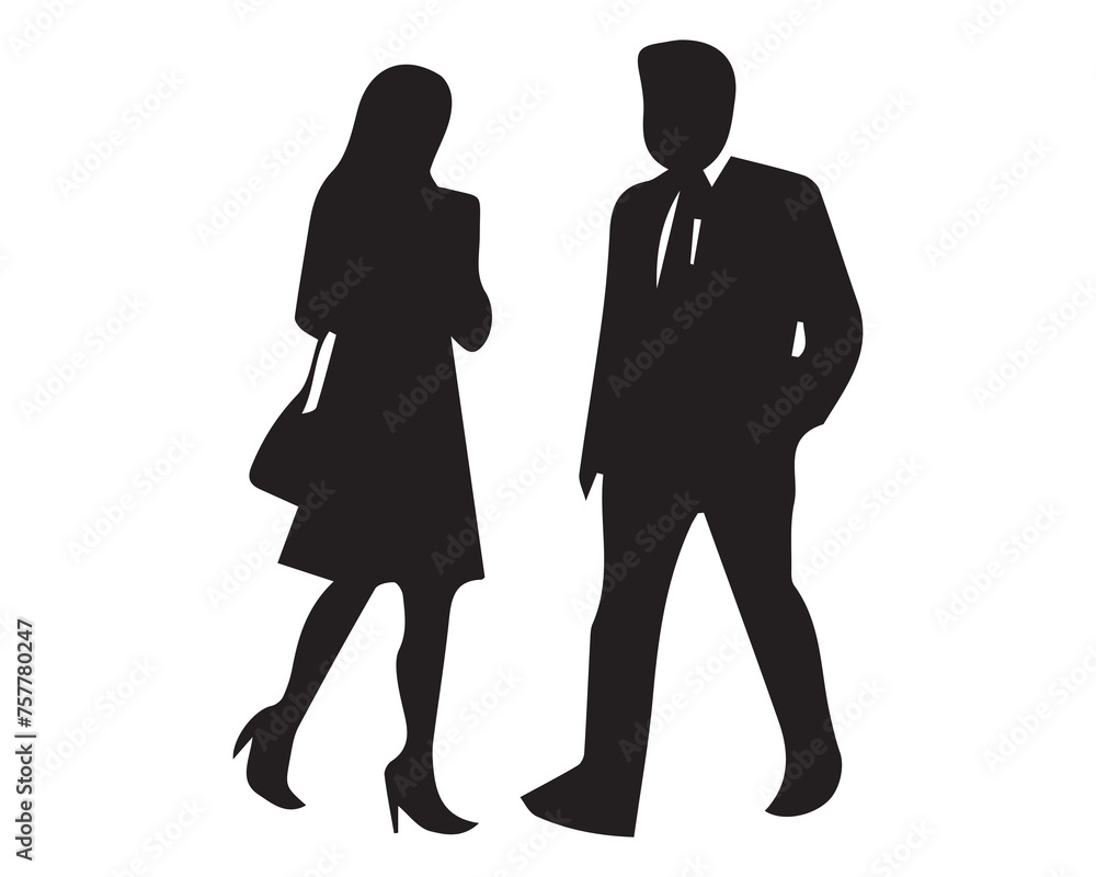 Vector silhouettes of men and a women, a group of standing business people, profile, black color isolated on white background
