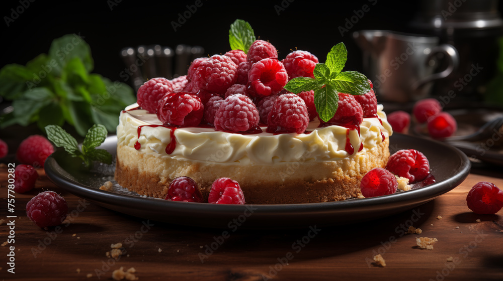 Cheesecake with sour cream, different berries and fresh mint decorations, concept of cooking in the kitchen Cheesecake with sour cream, different berries and fresh mint decorations, concept of cooking in the kitchen
