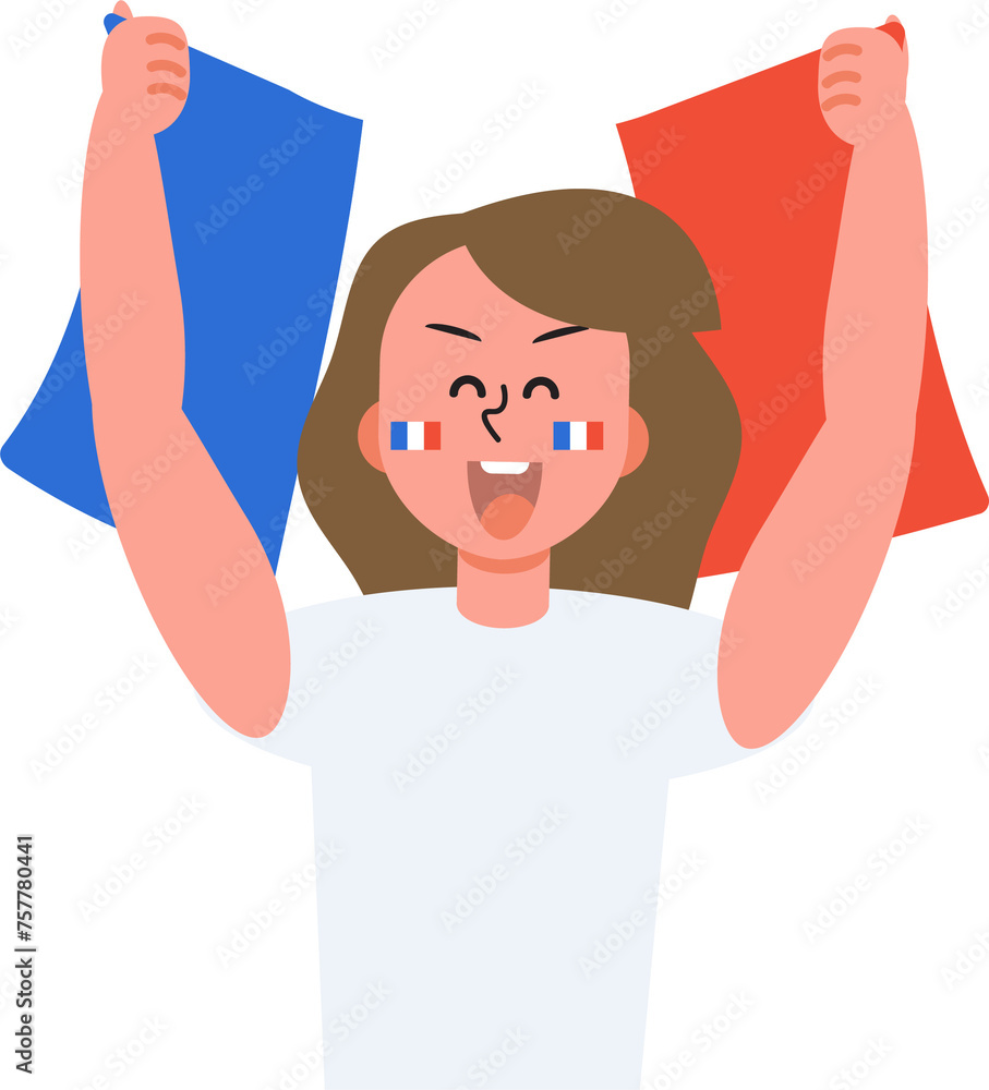 French people cheer happily for sporting victory with national flag. 
