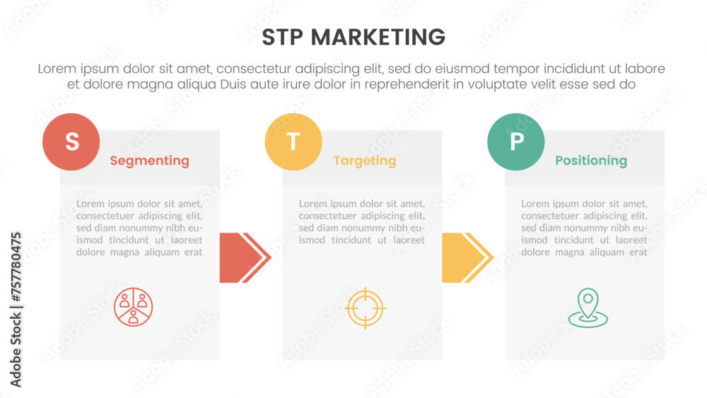 stp marketing strategy model for segmentation customer infographic with box information and arrow direction 3 points for slide presentation stp marketing strategy model for segmentation customer infographic with box information and arrow direction 3 points for slide presentation