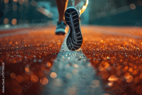 Athlete running on racetrack at stadium. Close up of athlete legs.