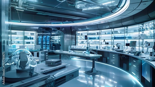 Futuristic Laboratory Interior High-Tech Medical Research Hub with Advanced Equipment and Holographic Displays