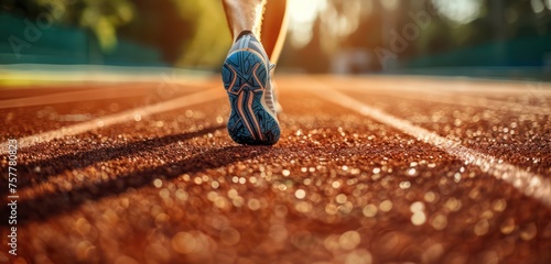 Athlete running on racetrack at stadium. Close up of athlete legs.