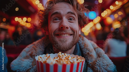 Man Holding Popcorn Bucket in Front of Face