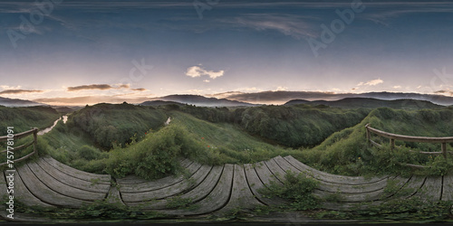 Full 360 degrees seamless spherical panorama HDRI equirectangular projection of evening green village fields. Texture environment map for lighting and reflection source rendering 3d scenes.	

