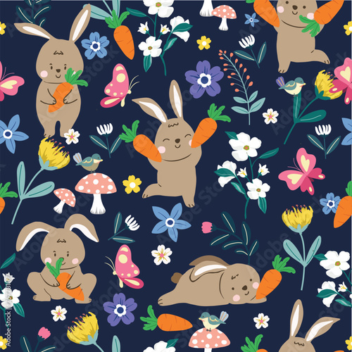 Cute rabbit bunny be happy with carrot in the garden seamless pattern seamless pattern
