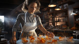 Beautiful woman chef in the uniform and pinafore cooking on the kitchen at a restaurant. Concept of molecular cuisine