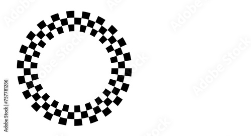 Checkered circle frame. Circle frame with checkerboard geometric pattern. Round chess border with black and white square pattern. Round race frame. Vector illustration on white background.