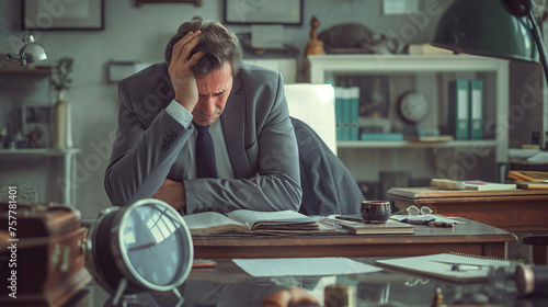 Businessman sad or depress at office table with many documents photo