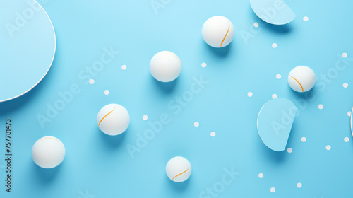 Ping pong ball and rackets on light blue background ..