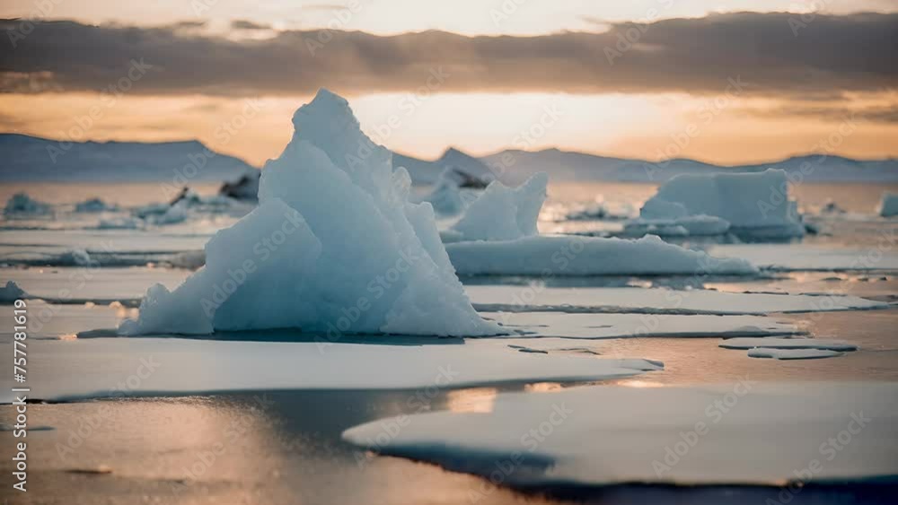 Snow island full of ice with melting ice water