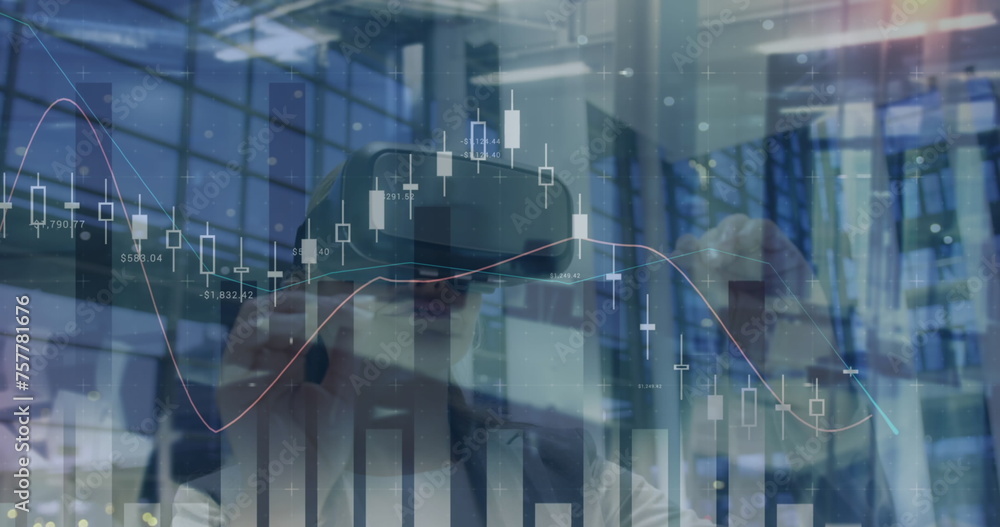 Image of financial data over caucasian woman using vr headset in office Image of financial data over caucasian woman using vr headset in office