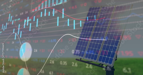 Image of financial data processing over solar panel