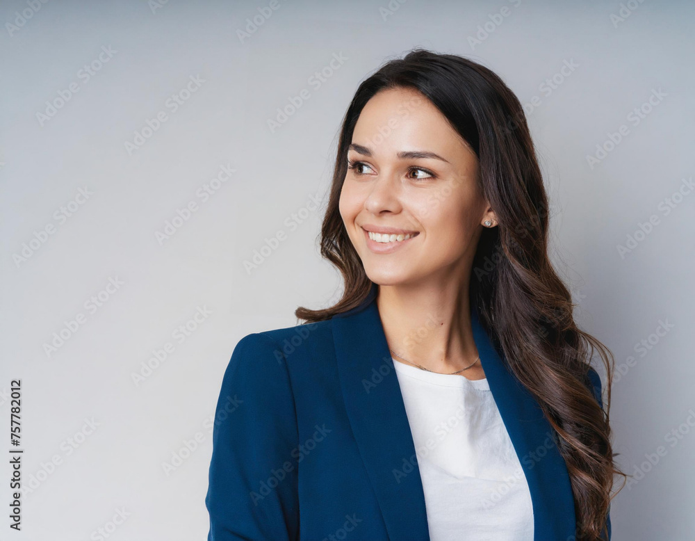 portrait of beautiful young smiling woman aside copyspace looking back on white background portrait of beautiful young smiling woman aside copyspace looking back on white background