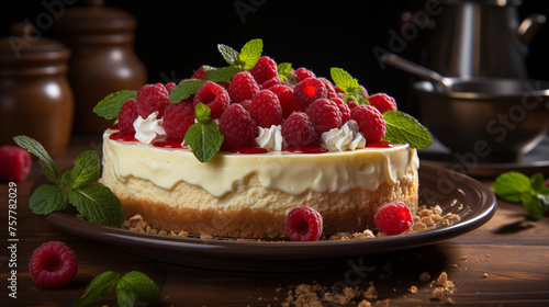 Cheesecake with sour cream  different berries and fresh mint decorations  concept of cooking in the kitchen