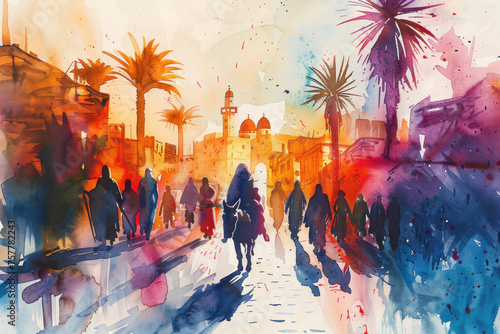 Colorful watercolor of Jesus riding a donkey to Jerusalem, palm sunday photo
