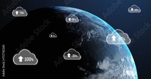 Image of digital clouds with arrows and percent growing over earth in universe in background
