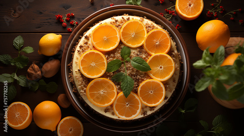 Cheesecake with sour cream lemon  oranges and fresh mint decorations  concept of cooking in the kitchen