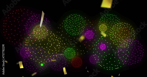 Image of confetti over shapes and fireworks on black backrgound