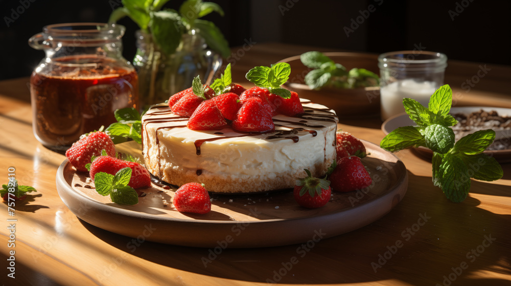 Cheesecake with sour cream, different berries and fresh mint decorations, concept of cooking in the kitchen Cheesecake with sour cream, different berries and fresh mint decorations, concept of cooking in the kitchen