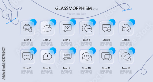 Chat icon set. Dialogue bubble, message, emoji, checkmark, verification, correspondence, social network. Glassmorphism style. Vector line icon for business and advertising
