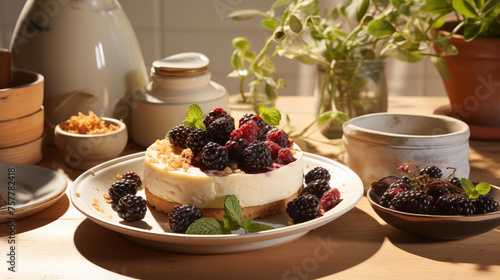 Cheesecake with sour cream, different berries and fresh mint decorations, concept of cooking in the kitchen