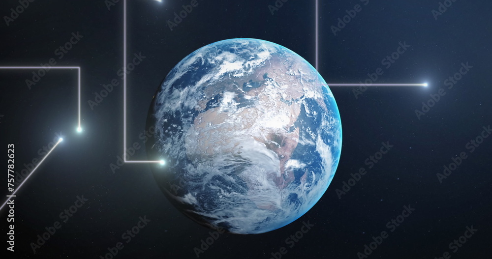 Naklejka premium Image of glowing light trails over globe on blue background