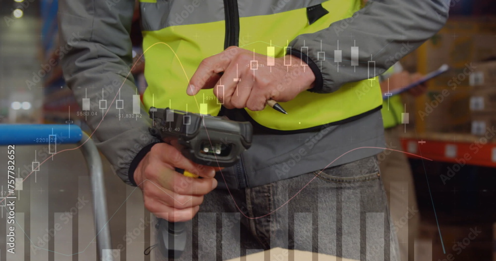Image of data processing over man working in warehouse Image of data processing over man working in warehouse